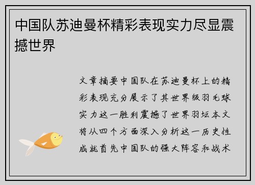 中国队苏迪曼杯精彩表现实力尽显震撼世界